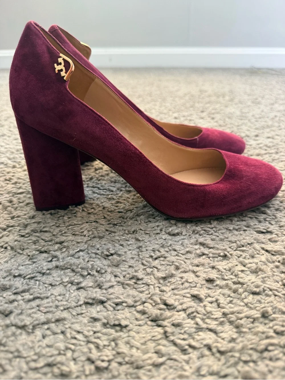 Tory Burch Plum Suede Round-Toe Heels with Gold Logo Accent